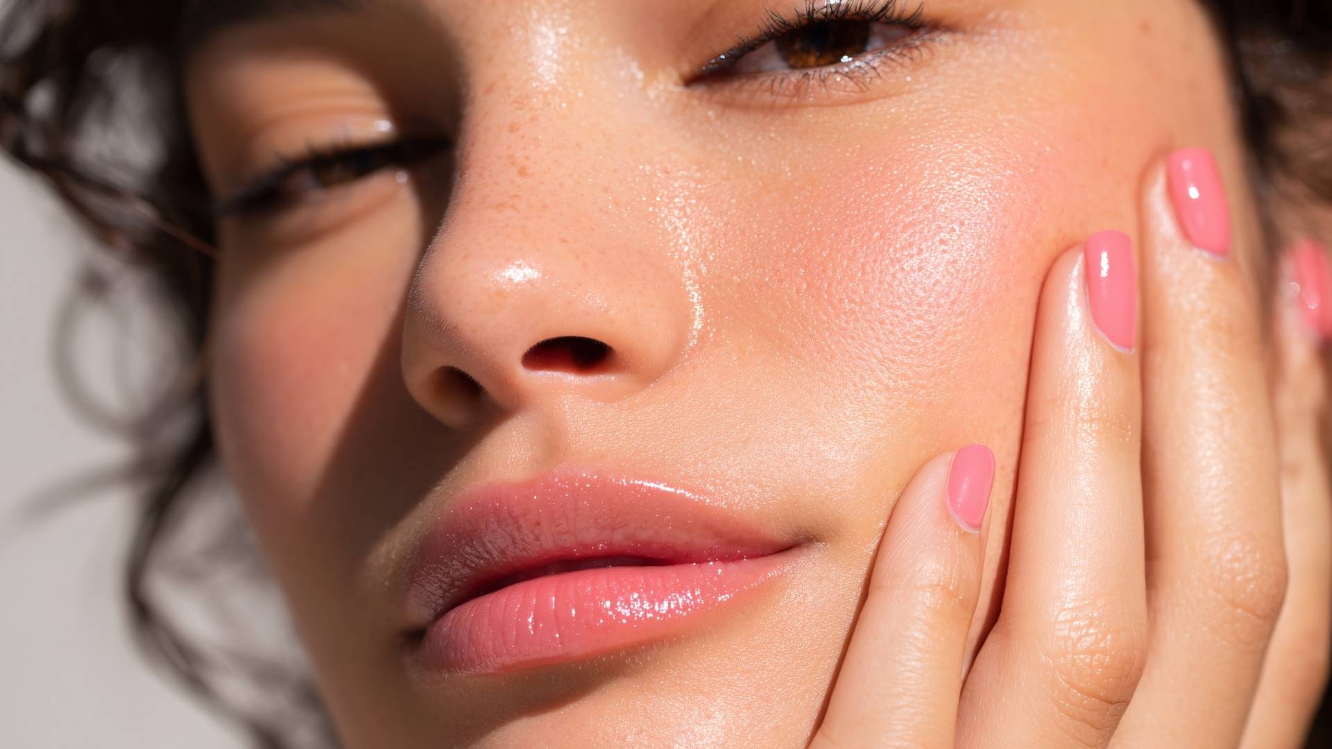 Mujer con uñas rosas y piel radiante, reflejando el lema "la piel radiante empieza adentro".