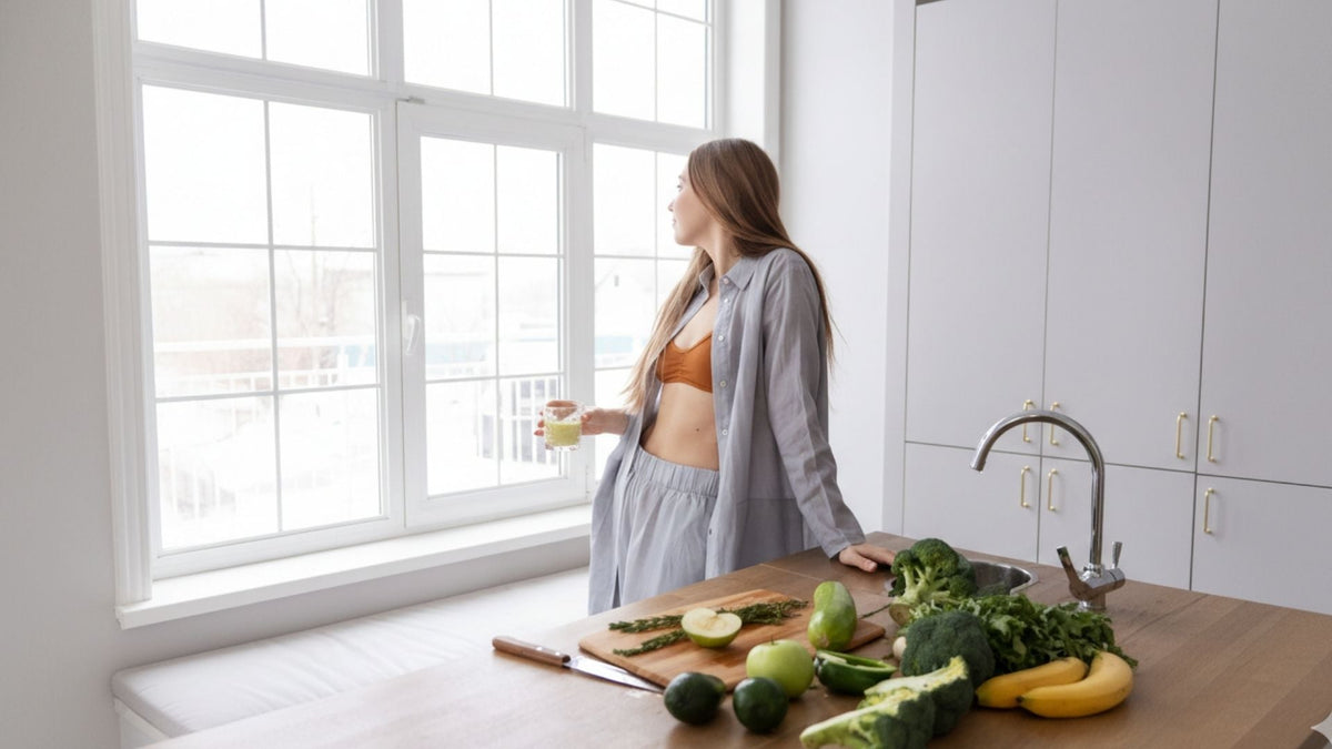 Mujer de pie frente a una mesa de cocina con un vaso de agua y un tazón de verduras