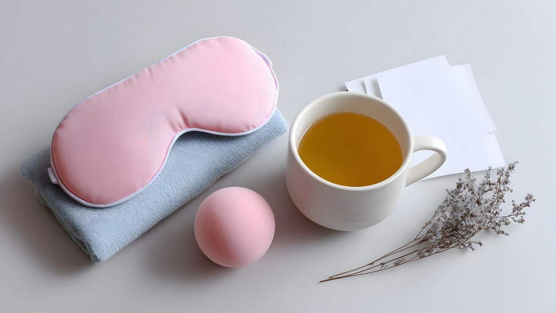 Máscara de ojos rosa, taza de té y toalla, elementos de un ritual de relajación y autocuidado.